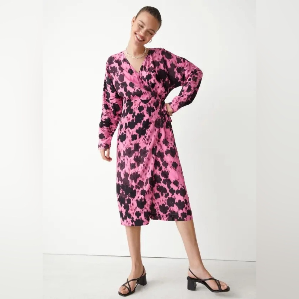 & Other Stories Pink and Black Floral Wrap Dress